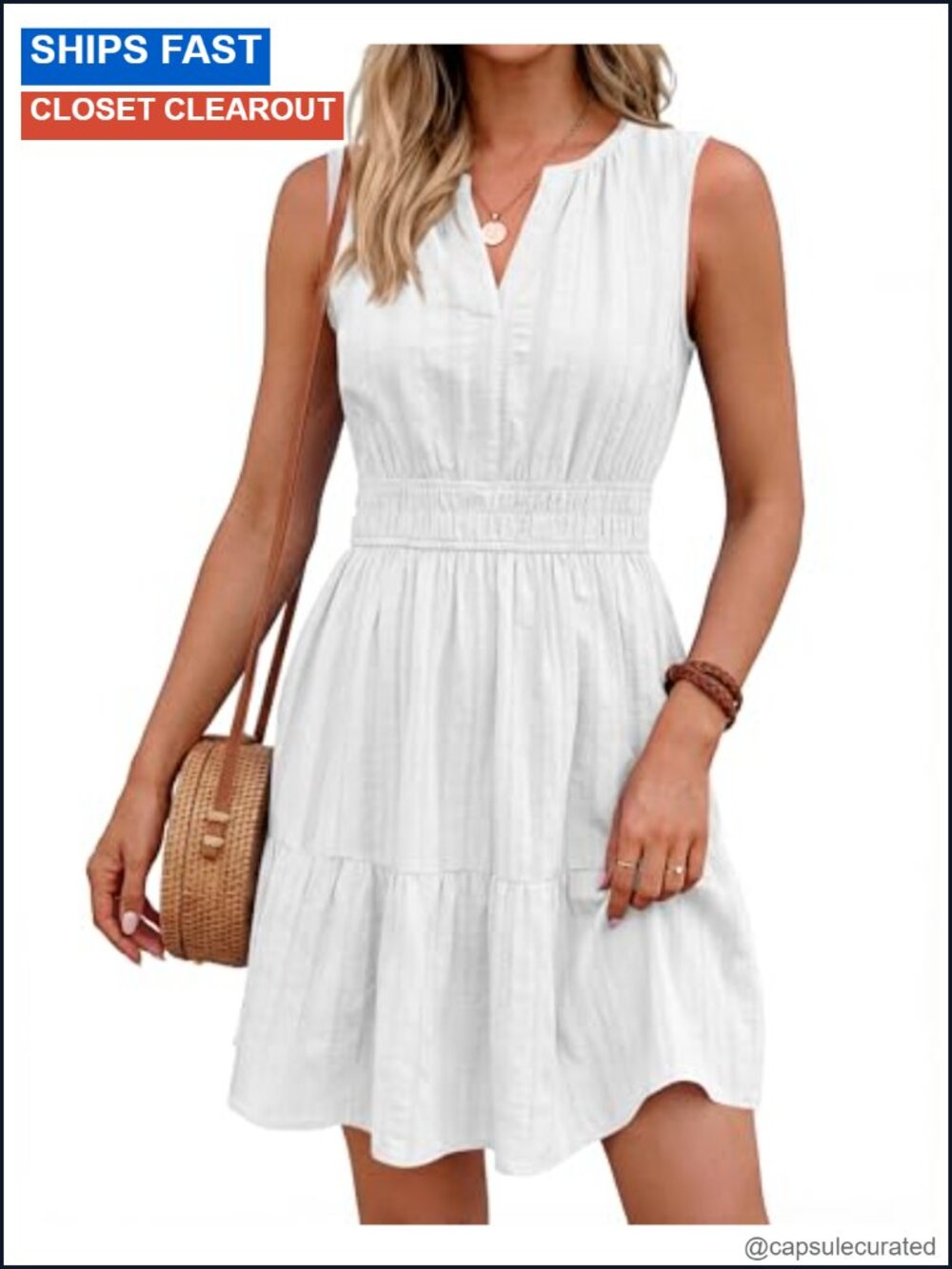 Sleeveless V Neck Mini Sundress with Pockets Ruched High Waist Summer Dress